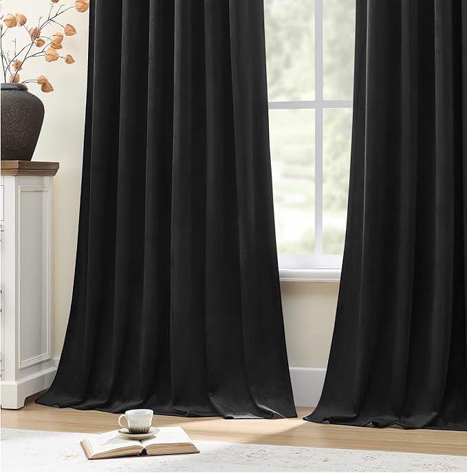 90 Inch Black Velvet Curtains for Bedroom Back Tab Drapes Blackout Luxury | - Image 4