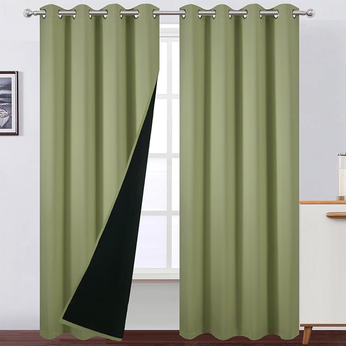 100% Blackout Curtains 84 Inch Long Sage Green Curtains 2 Panels by Lemomo