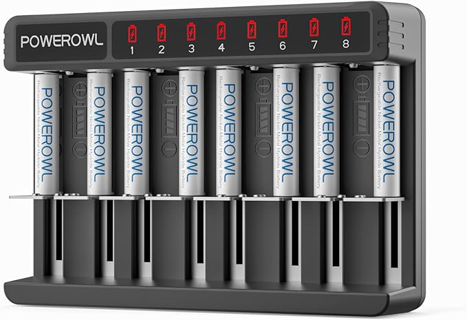 POWEROWL Rechargeable AAA Batteries Kit - 8 Pack 1000mAh High Capacity Low Self Discharge NiMH Double A Battery with 8 Independent Slots Charger