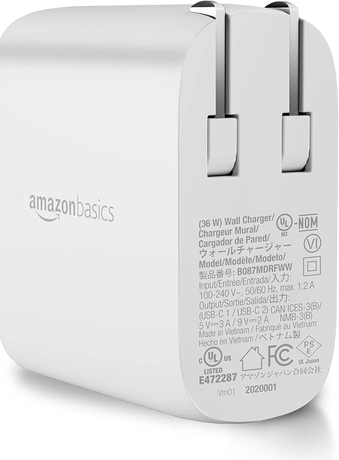 Amazon Basics 36W Two-Port USB-C Wall Charger for Tablets and Phones with Power Delivery - White, 2.34 x 1.09 x 2.21 in (PD36U-2TNB)