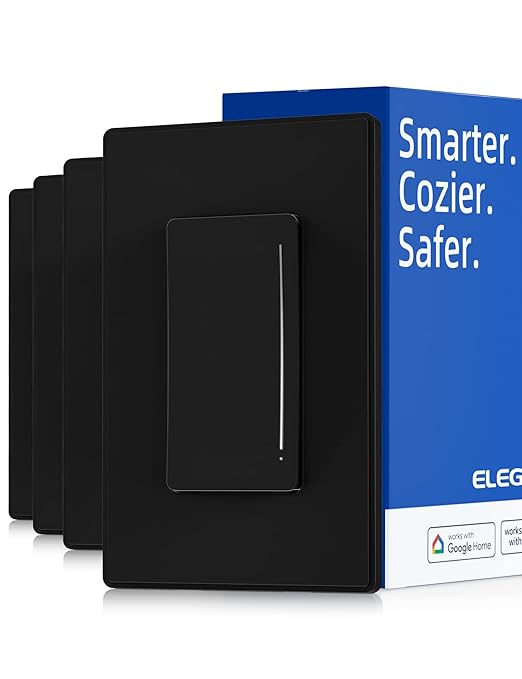 ELEGRP Smart Dimmer Light Switch DTR10, Single Pole Setup, 2.4GHz Wi-Fi Touch Dimmer Compatible with Alexa and Google Assistant, Needs Neutral Wire, No Hub Required, UL&FCC Listed, Black, 4 Pack