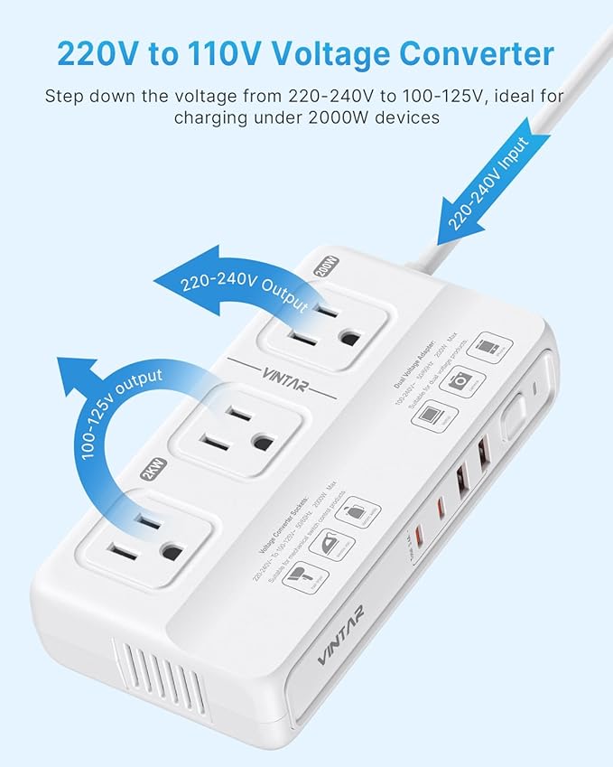 220V to 110V Voltage Converter, VINTAR 2000W Universal Travel Adapter Voltage Converter US to Europe, International Step Down Transformer Power Converters Adapter Combo for EU UK JP AU in SA