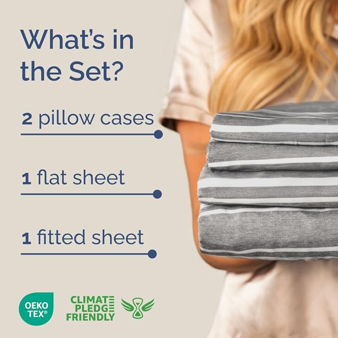 Full XL Bed Sheet Set - 4 Piece Extra Long Extended Full XL Sheets - Soft, Breathable & Cooling - Fits 8" to 16" Mattress with Deep Pockets - 54" x 80" - Wrinkle and Fade Resistant - Grey Stripes 3