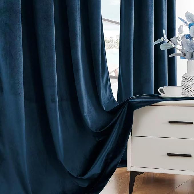 Timeper Dark Blue Velvet Curtains W52 x L84 inches 2 Panels, Back Tab & Rod - Image 6