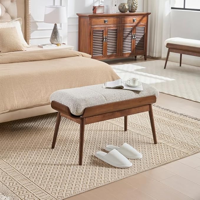 BFZ 37.4" Upholstered Bedroom Bench Walnut Wood Frame Entryway Bench | Padded - Image 5