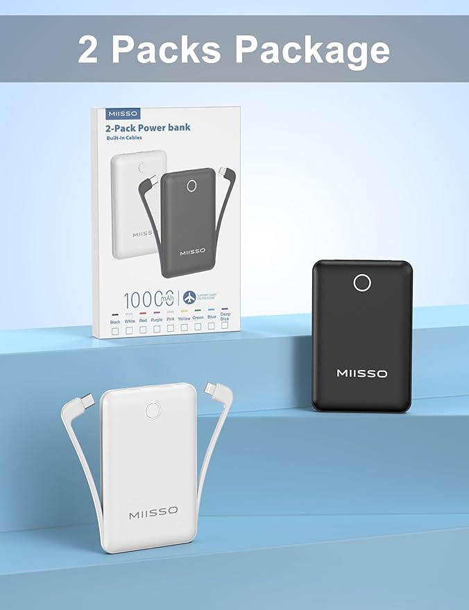 10000mAh Mini Portable Charger with Built in Cable, Pocket Size Power Bank Travel External Battery Pack for Phone, 3 Output USB Type C Cord Clutch Compatible with iPhone, Samsung, 2 Pack Black & White