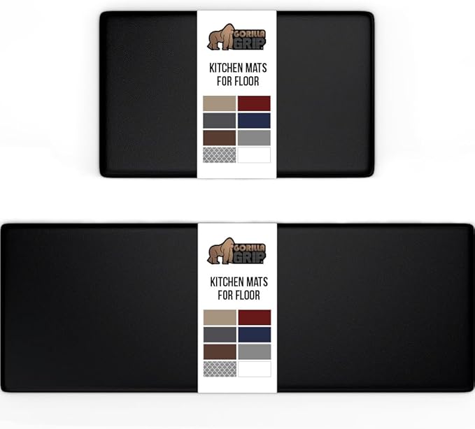 GORILLA GRIP 2 Pack Comfortable Cushioned Kitchen Mats for Floor, 17x24 + 17x48, Waterproof and Stain Resistant, 1/2 Inch Thick Soft Ergonomic Standing Desk Anti Fatigue Mat, Foam Supports Feet, Black