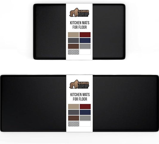 GORILLA GRIP 2 Pack Comfortable Cushioned Kitchen Mats for Floor, 17x24 + 17x48, Waterproof and Stain Resistant, 1/2 Inch Thick Soft Ergonomic Standing Desk Anti Fatigue Mat, Foam Supports Feet, Black