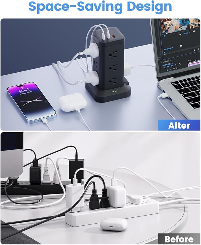 Power Strip Tower with Surge Protector 1800J, Fast Charging Tower PD20W USB-C - Image 4