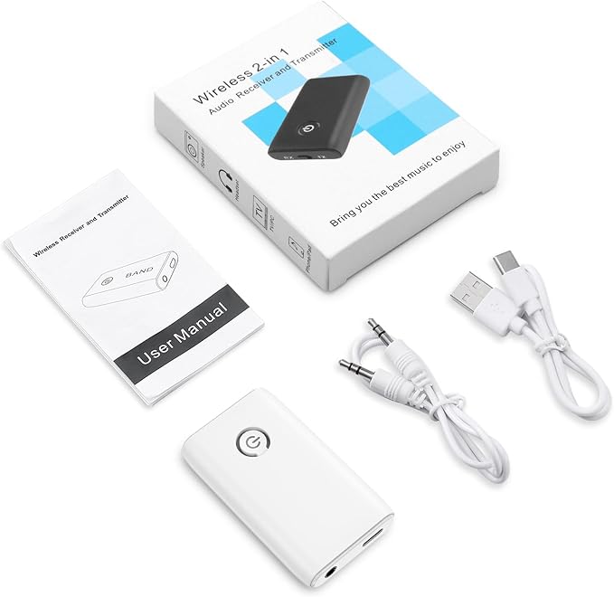 Ankilo Upgraded Bluetooth 5.3 Transmitter Receiver, 2 in 1 Wireless Bluetooth Adapter, Portable Aux Adapter for Car, Audio Receiver for Laptop, Radio, Headphones, Speakers, TV, White