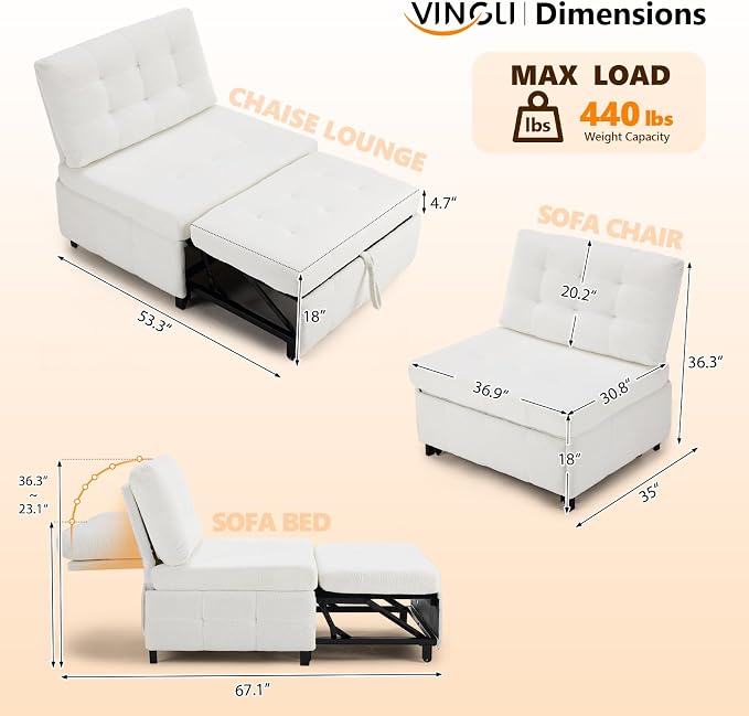 VINGLI Convertible Sofa Bed Tufted Teddy Fleece Sleeper Chair Bed Couch Armless - Image 3