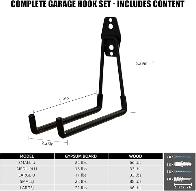 CRXCRC Garage Hooks, 4 Pack 7.7inch Large Square Wall Hooks for Hanging Heavy Duty Ladders, Bikes, Tools Ideal for Garage, Garden, Basement Utility Room Storage (Black)