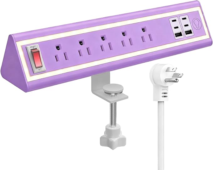 Desk Clamp Power Strip with Nightlight, 40W Fast Charging, 6FT Extension Cord by NYYTGE