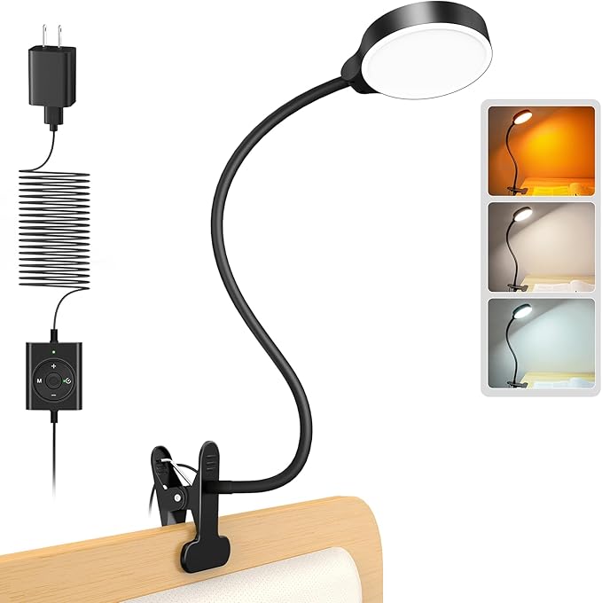 Glocusent 5W Clip on Light, 3 Colors & 5 Brightness Reading Light by GLOCUSENT