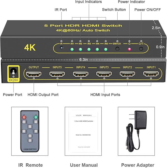 FlyroadUp HDMI Switch 4K@60Hz HDMI 2.0 Switcher 5 in 1 Out with Remote, Support Dolby Vision Dolby Atmos HDR10 HDCP2.2 CEC, Compatible with PS5/4/3 Xbox Nintendo Roku Apple TV Fire Stick