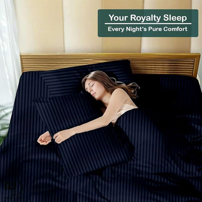 NON Sticky cotton Queen Size Sleeper Sofa Sheets, 4 Piece Egyptian Cotton Bed Sheet Set for Sofa Bed, 8" Deep Pocket for Pull Out Couch Mattress, 60" x 75", Navy Blue Stripe, Soft & Breathable