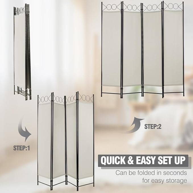 4 Panel Room Divider 6FT Steel Frame Screen Folding Privacy Divider - Image 4
