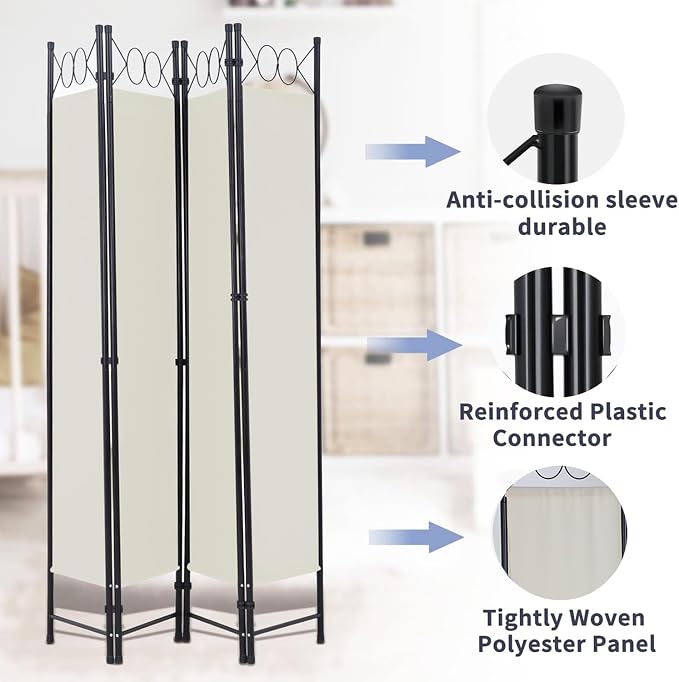 Room Divider 4 Panels 6FT Room Divider Beige Privacy Panel Screens | Wall - Image 5