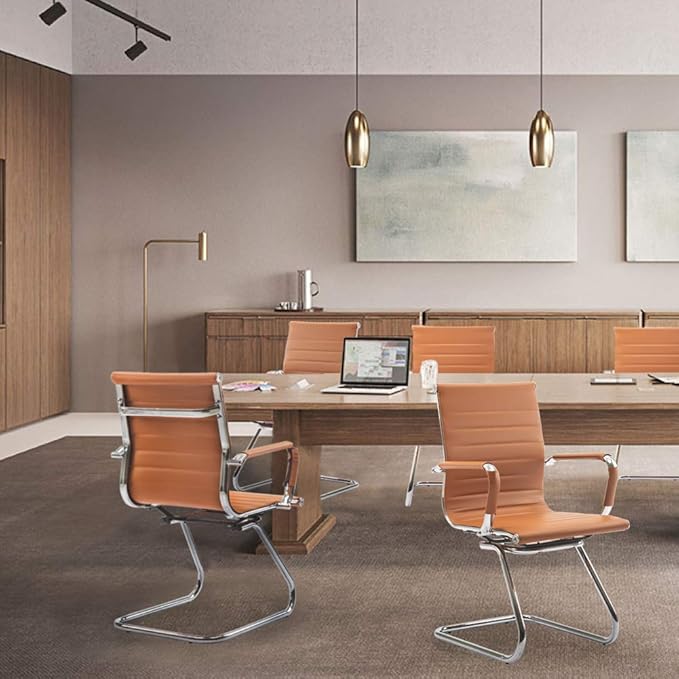 Wahson Office Guest Chairs Set of 2, Leather Reception Chairs, Mid Back Waiting Room Chair, Conference Chairs with Sled Base, Desk Chair No Wheels for Meeting/Lobby/Restroom, Terracotta
