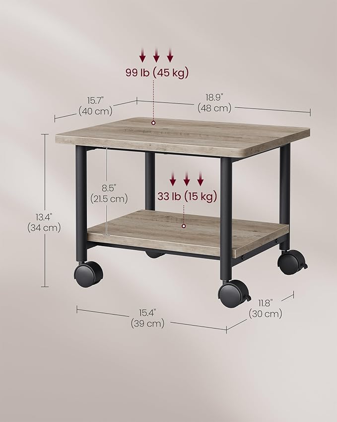 VASAGLE Heavy-Duty Printer Stand with Locking Wheels, 2-Tier Industrial Mobile Cart with Storage Shelf, Under Desk Printer Table for Home, Office, 13.4" Height, Heather Greige and Black UOPS002B02