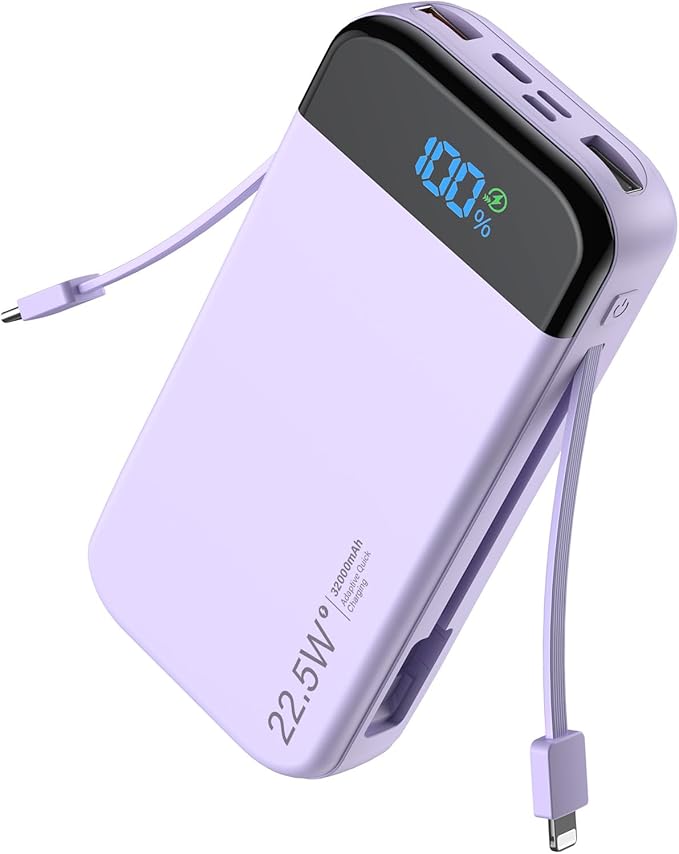 LENGSUM Portable Charger Power Bank Built-in Cables, 32000mAh 22.5W USB C Fast Charging, 5 Outputs 3 Inputs Travel Essentials Battery Pack Compatible with iPhone, iPad, Samsung, Google Pixel, Purple