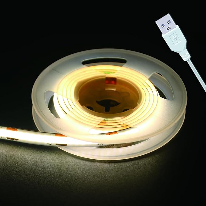 UVTaoYuan Short Led Strip Lights 5V USB LEDs Display Cabinet Lighting USB 8mm Small COB LED Strip Light 4000K Warm White Not Dimmable Flexible led for Home DIY TV Lights Indoor Use (3.28FT /1M)