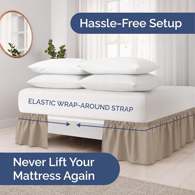 Wrap Around Dust Ruffle Bed Skirt - Cream - for Twin Size Beds w/ 14 Inch Drop - Easy Fit Elastic Strap - Adjustable Pleated Bedskirt w/Brushed Fabric, Wrinkle & Fade Free Women, Men, Kids & Teens
