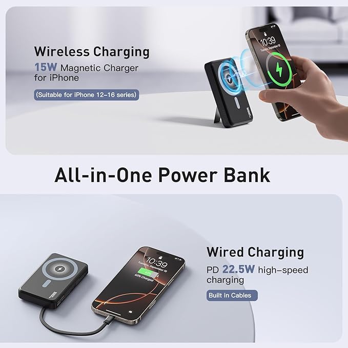 2026 Magnetic Wireless Power Bank, 16800mAh Portable Charger with 2 Built in Cables, LED Display Magnetic Battery Pack Travel Essentials for iPhone 17/16/15/14/13/12/Pro/Mini/Pro Max Andriod-White