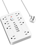 Bawmwim Surge Protector Power Strip - 8 Outlets(1850W/15A) with 6 USB Ports（2 USB C, 10FT Flat Plug Extension Cord, Wall Mount Multi Plug Outlet Extender, ETL Listed for Home, Dorm Room, White