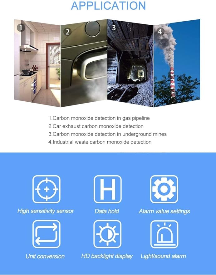 Cheffort Handheld Carbon Monoxide Meter, Portable Carbon Monoxide Detector, Professional-Grade CO Gas Tester with LCD Backlit Display, 0-1000PPM Range for Industrial and Home (Battery Not Included)