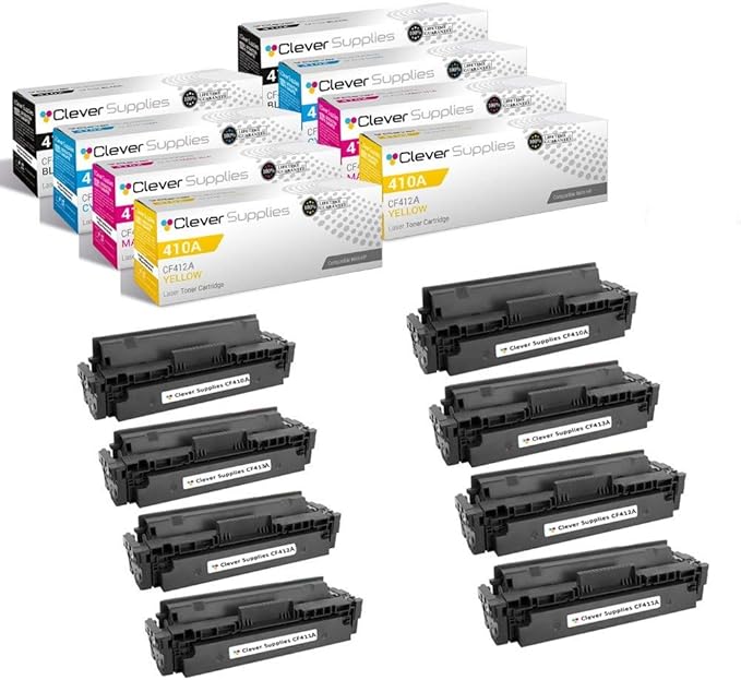 CS Replacement Toner Cartridge Compatible with HP 410A CF410A Black CF411A Cyan CF413A Magenta CF412A Yellow Pro M452 M452dn M452dw M452nw 477fdw M477fnw Pro M477fdn 8 Color Set