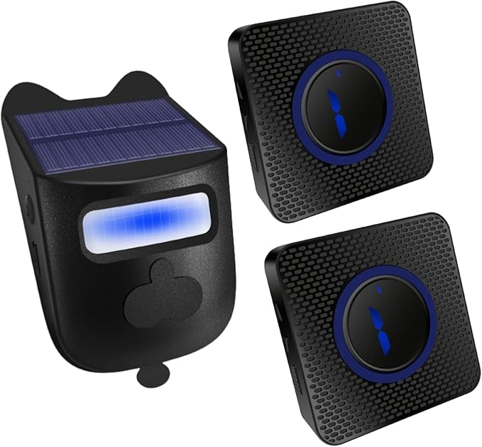 Solar Wireless Driveway Alarm Outdoor Weather-Resistant Motion Sensor Detector Doorbell Chime, DIY Security Alert System (1 Sensor & 2 Doorbell)