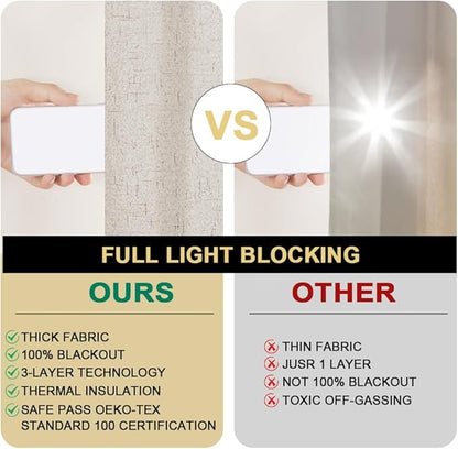 PrinceDeco Linen Blackout Curtains 100% Blackout Curtains 108 Inches Long Linen Look Patio Door Curtains Thermal Insulated Door Curtain for Living Room/Bedroom,W100 X L108 Inch, Natural