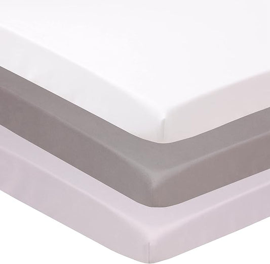 Belsden Pack of 3 Mini Crib Sheet Set, Pack N Play Sheet Set for Baby Boys and Girls, Cloudy Soft Touch and Machine Washable, Fitted Playard/Portable Crib Sheet, White & Grey & Light Grey