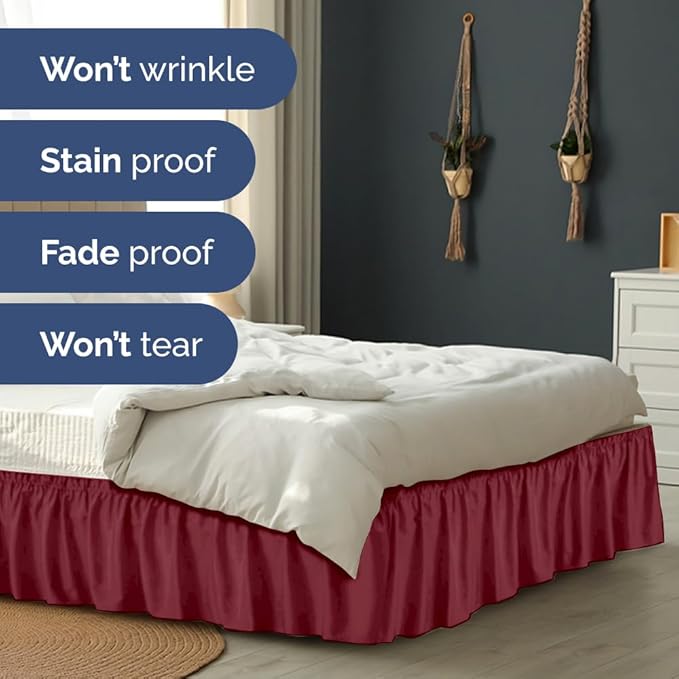 Wrap Around Dust Ruffle Bed Skirt - Burgundy - for Full Size Beds with 15 Inch Drop - Easy Fit Elastic Strap - Adjustable Pleated Bedskirt w/Brushed Fabric Wrinkle Free - for Women, Men, Kids & Teens