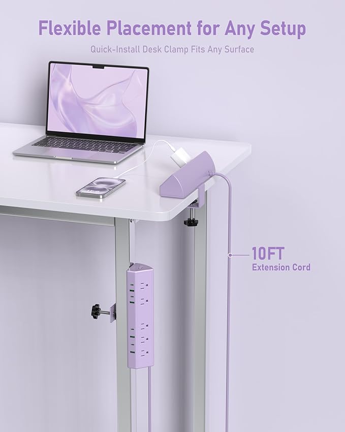 Jgstkcity Desk Clamp Power Strip,65W Fast Charging Station,4 USB-C,4 USB-A,1200J Surge Protector,ETL Listed,1875W Extension Cord,Multiple Outlets for Home, Office (Purple, 6 FT Cable)