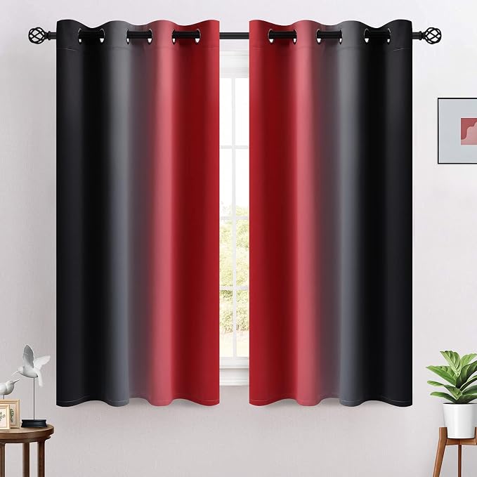 COSVIYA Grommet Room Darkening Ombre Red and Black Curtains W52xL54 inch | Red - Image 2