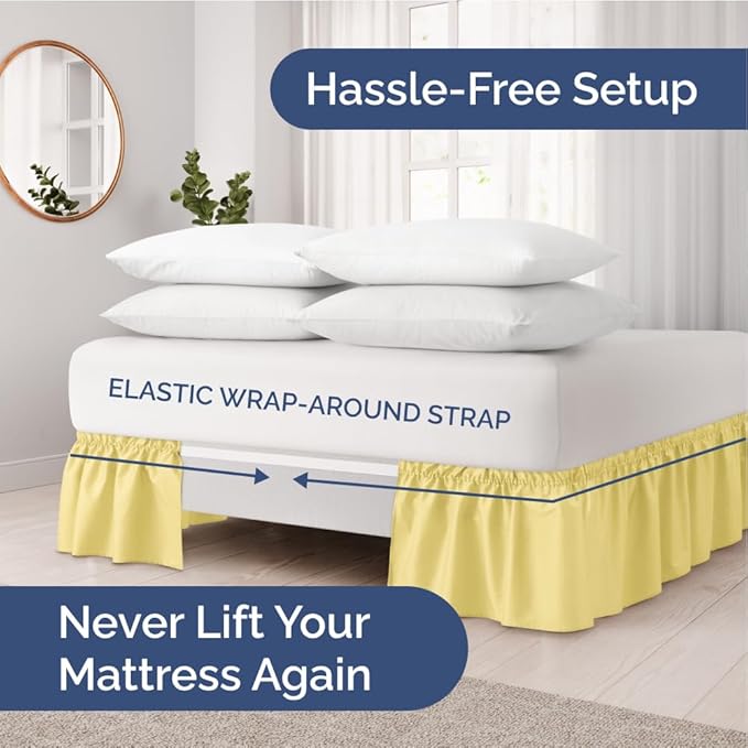 Wrap Around Dust Ruffle Bed Skirt - Yellow - for Queen Size Beds with 18 Inch Drop - Easy Fit Elastic Strap - Adjustable Pleated Bedskirt w/Brushed Fabric Wrinkle Free - for Women, Men, Kids & Teens