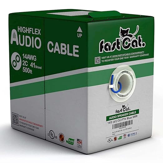 fast Cat. Speaker Wire 14 Guage 2C, UL Listed & CMR/CL3R-FT4 Rated - Speaker Cable w/PVC Jacket, 100% Oxygen-Free Pure Bare Copper - (41) HighFlex 14 Guage Wire - in-Wall Use-500ft Bulk Cable, Blue