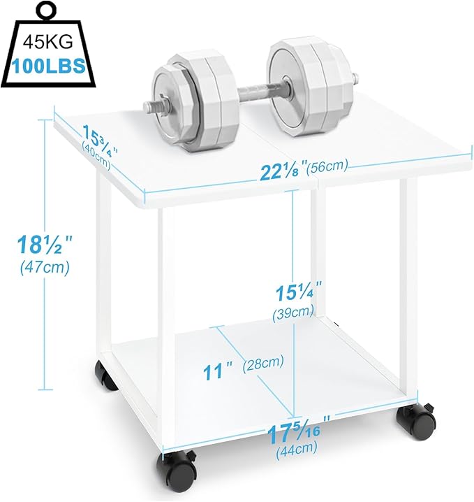 MARTY 22"x15.75" Large Under Desk Printer Stand with Storage Shelf 2-Tier Rolling Printer Cart with Wheels Printer Table for Home Office Heavy Duty Storage Rack for Scanner Fax Machine, White