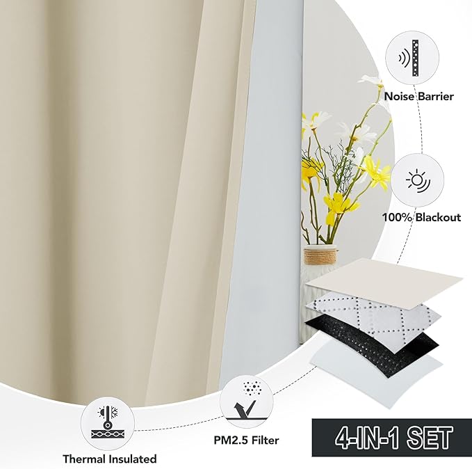 RYB HOME Soundproof & Dust Particle Filtering Curtains Blackout Window Treatment for Bedroom Living Room Divider Nursery Daytime Sleeping Patio Door, Beige, W52 x L 102 inch, 2 Panels