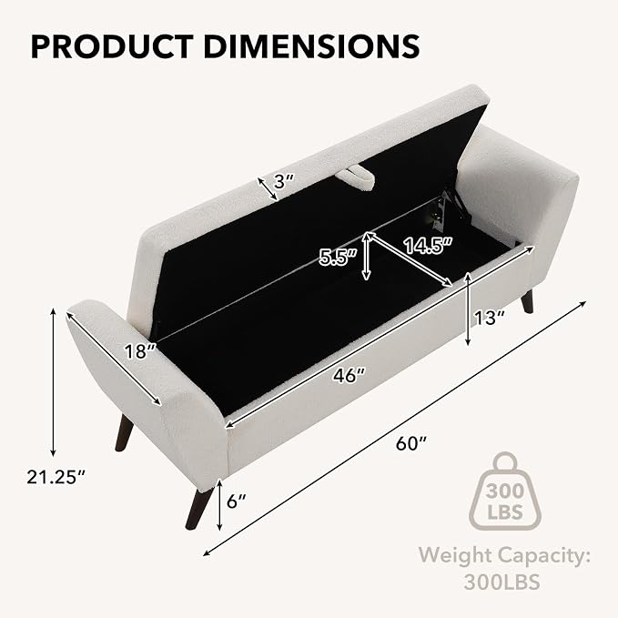 60" Wide Storage Ottoman Bench, Teddy Upholstered End of Bed Bench - Image 2