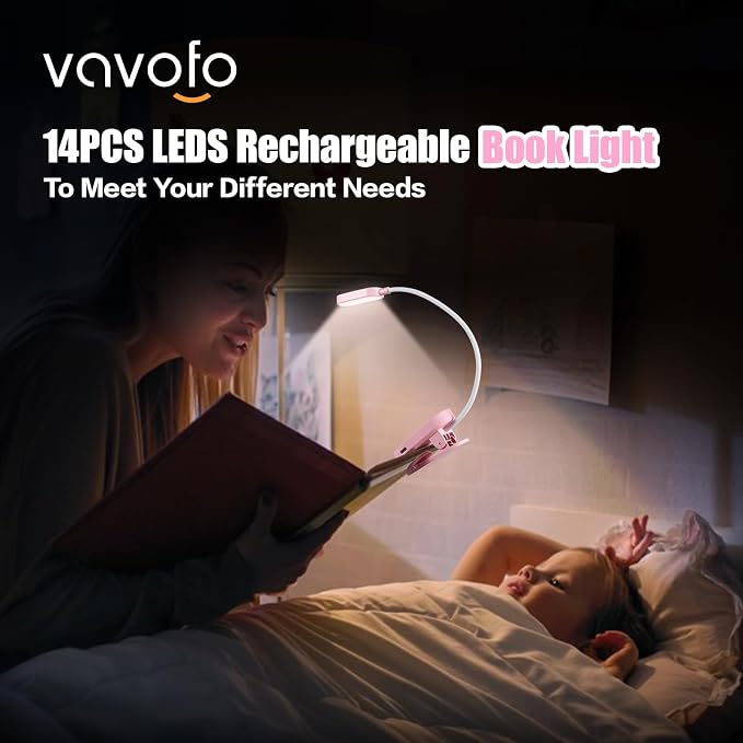 VAVOFO Rechargeable Book Light, 14 LEDs Eye Care Clip On Amber Reading Light - Image 2