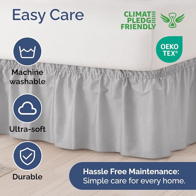 Wrap Around Dust Ruffle Bed Skirt - Light Grey - for Full Size Beds w/ 16 Inch Drop - Easy Fit Elastic Strap - Adjustable Pleated Bedskirt with Brushed Fabric, Wrinkle Free Women, Men, Kids and Teens
