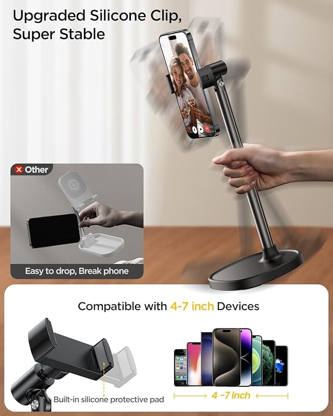 DIMONCOAT Phone Stand for Desk, Angle Height Adjustable Phone Holder for Desk, Aluminum Alloy Universal iPhone Holder, Retractable Cell Phone Stand Recording Office for iPhone 17 16 15 Pro Max Air