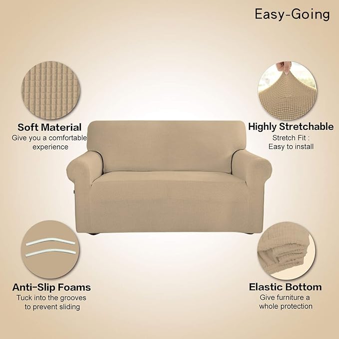 Easy-Going Stretch Oversized Sofa Slipcover 1-Piece Sofa Cover Furniture Protector Couch Soft with Elastic Bottom for Kids, Polyester Spandex Jacquard Fabric Small Checks Sand