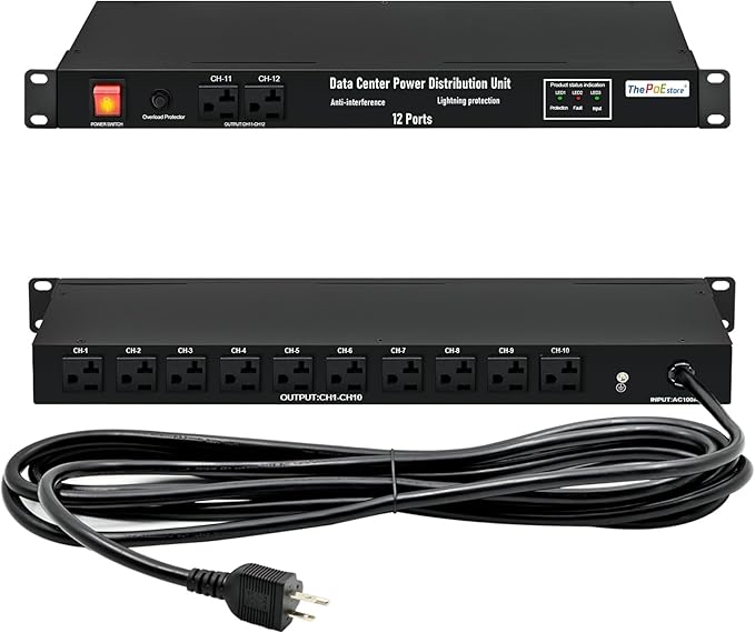 ThePoEstore 1U PDU Network Servers Surge Protector Power Distribution Unit 12-Outlet, 120V 20A, 3600 Joules 10KA,19″ Rack Mount Power Strip,Heavy-Duty 12AWG 16 ft Cord,w/AC Filter