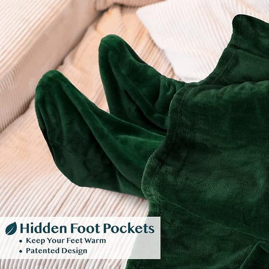 PAVILIA Fleece Blanket with Sleeves, Foot Pockets for Women Men Adults, Plush Wearable Blanket Throw Wrap, Warm Snuggle Blanket Robe, Cozy Gift Ideas Wife Mom, Dark Green