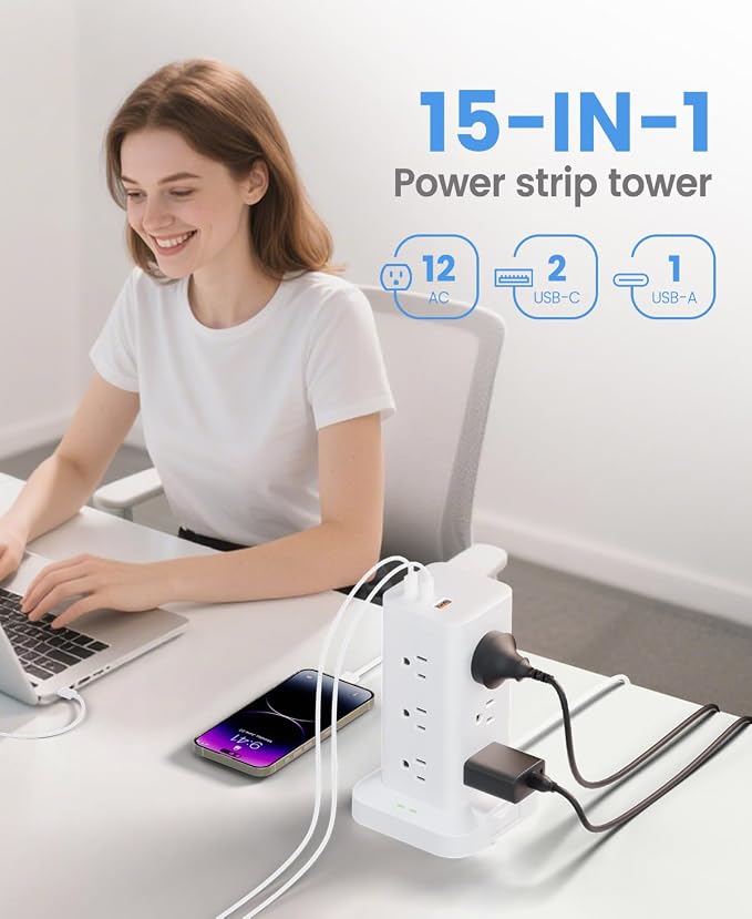 Power Strip Tower with Surge Protector 1800J, Fast Charging Tower PD20W USB-C - Image 3