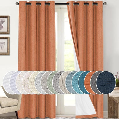 PrinceDeco 100% Absolutely Blackout Linen Curtains with Thermal Insulated White Liner Extra Long Curtains for Living Room Bedroom Noise Reducing Window Treatments Drapes,Set of 2,52 x 108 Inch,Orange
